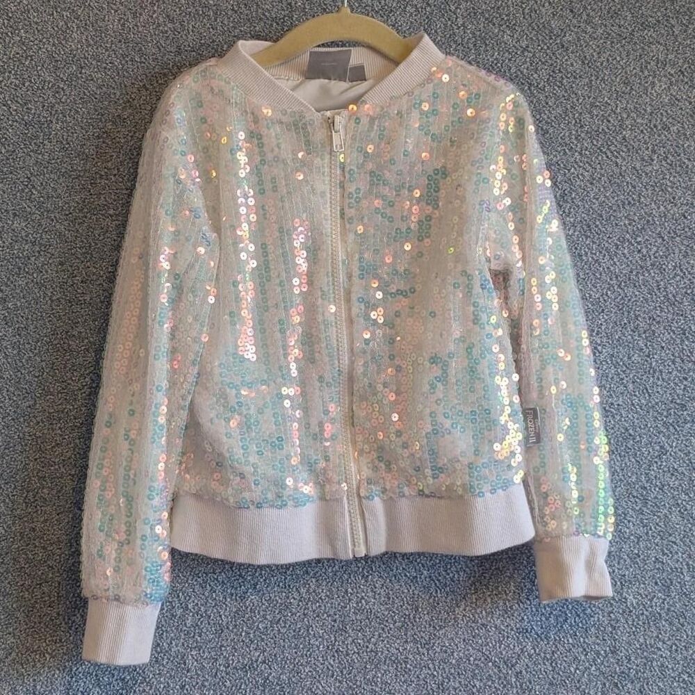 Disney Frozen 2 Girls Size XS 4/5T White Iridescent Sequined Elsa Bomber Jacket